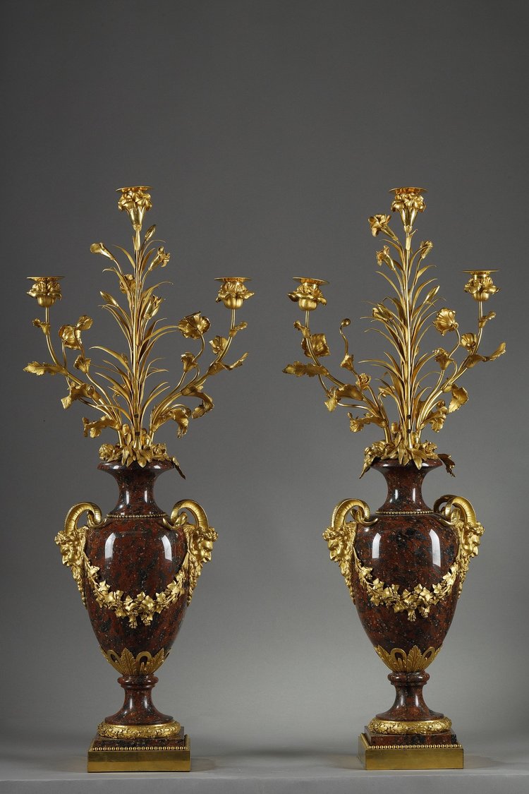 PAIR OF LOUIS XVI STYLE CANDELABRA IN GRIOTTE RED MARBLE AND GILT BRONZE