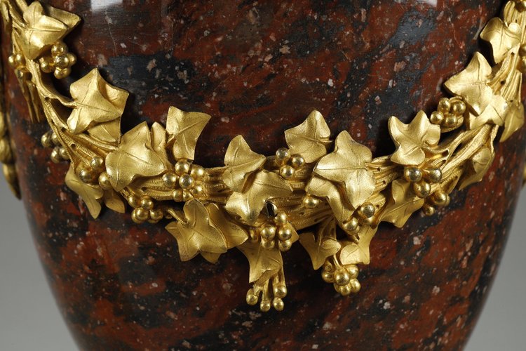 PAIR OF LOUIS XVI STYLE CANDELABRA IN GRIOTTE RED MARBLE AND GILT BRONZE