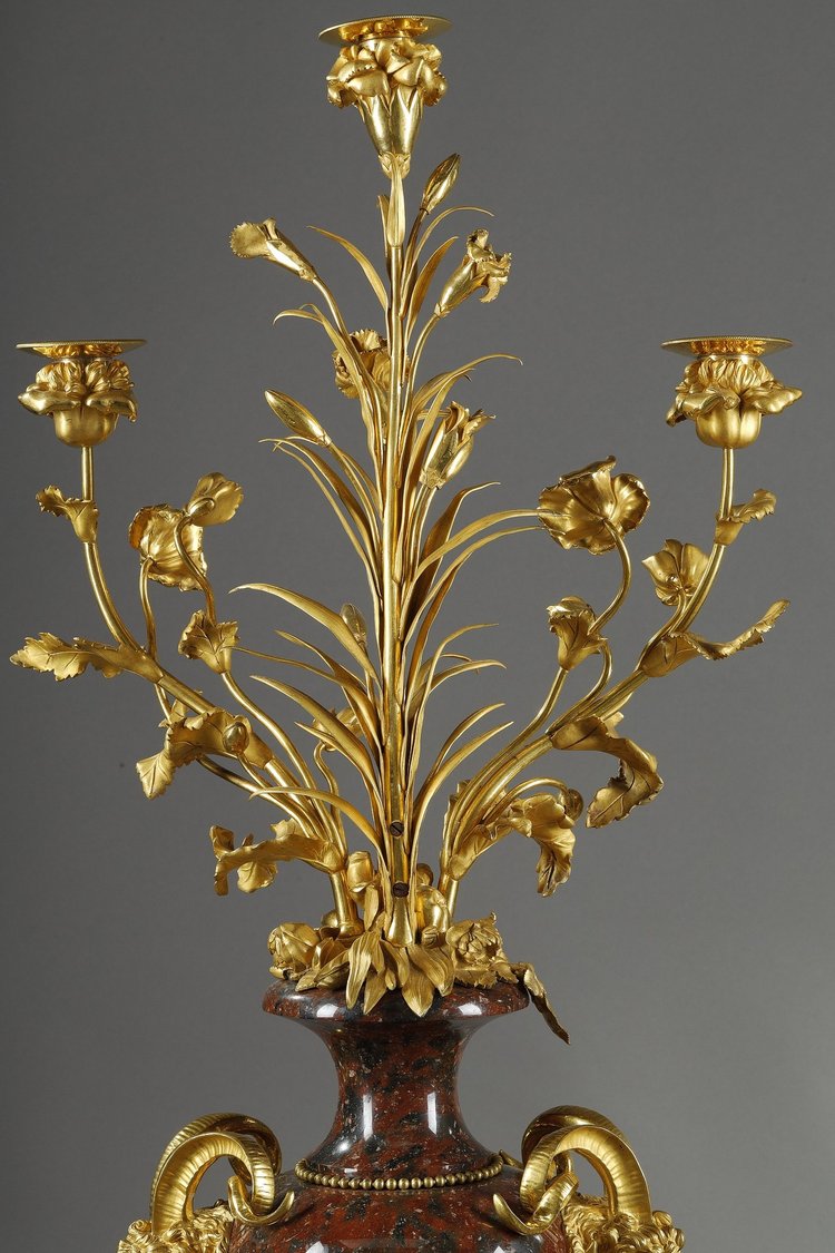 PAIR OF LOUIS XVI STYLE CANDELABRA IN GRIOTTE RED MARBLE AND GILT BRONZE
