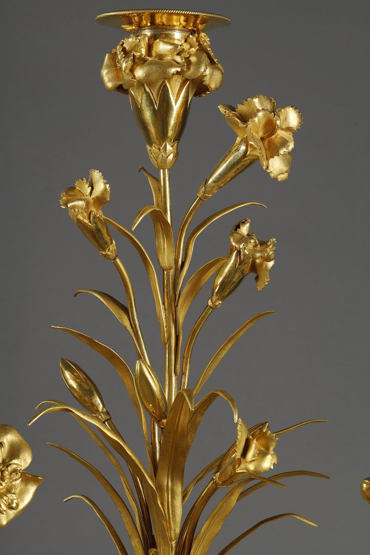 PAIR OF LOUIS XVI STYLE CANDELABRA IN GRIOTTE RED MARBLE AND GILT BRONZE