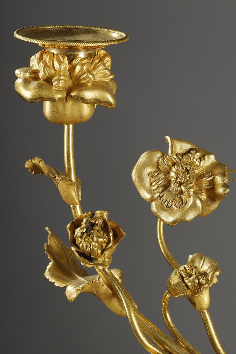 PAIR OF LOUIS XVI STYLE CANDELABRA IN GRIOTTE RED MARBLE AND GILT BRONZE