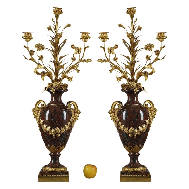 PAIR OF LOUIS XVI STYLE CANDELABRA IN GRIOTTE RED MARBLE AND GILT BRONZE