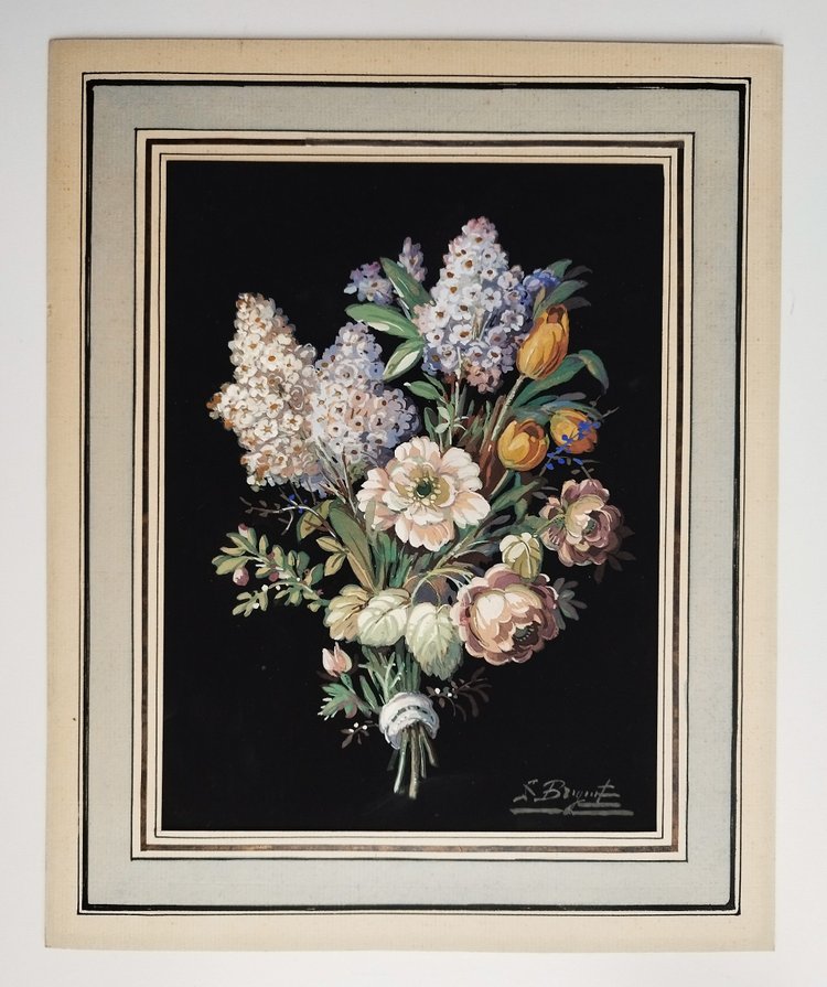 Nature Morte Fleurs Fond Noir Gouache Signé