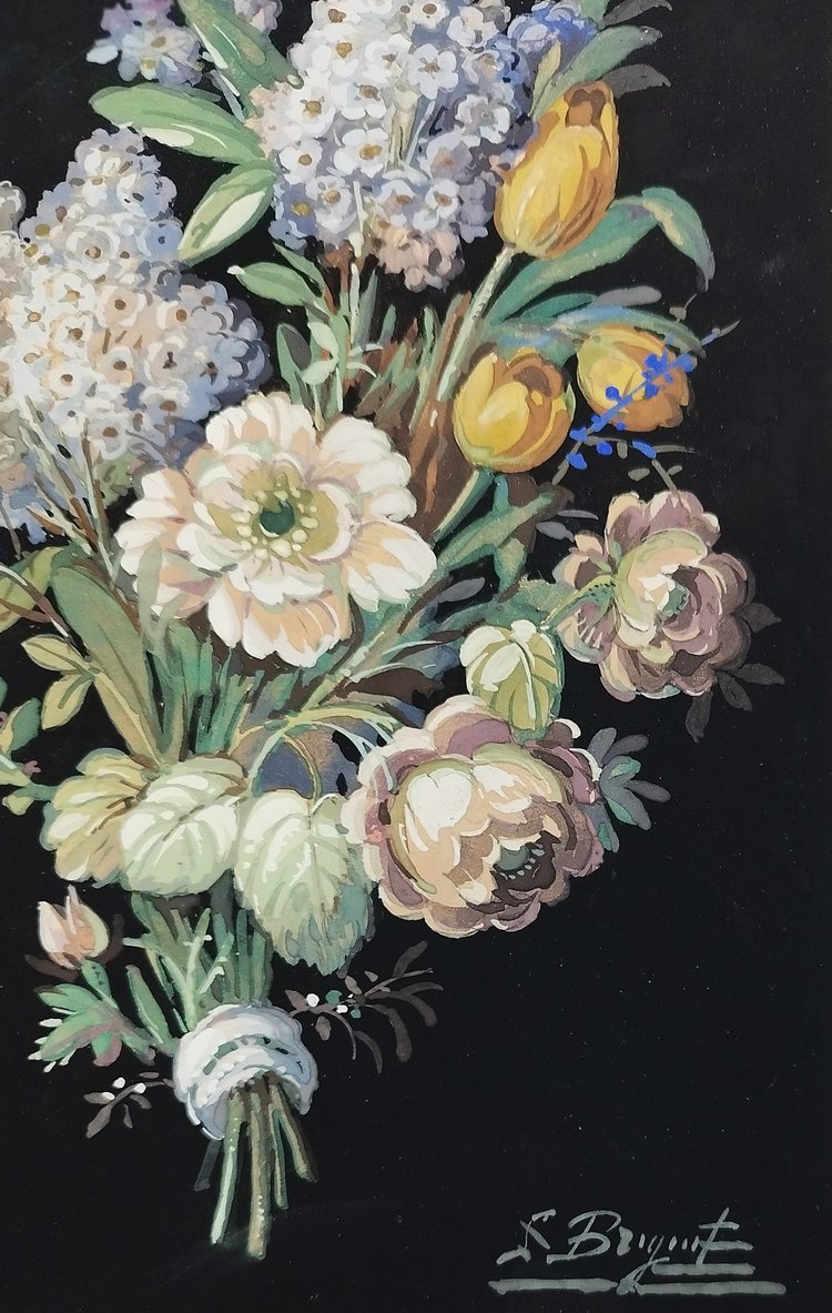 Nature Morte Fleurs Fond Noir Gouache Signé