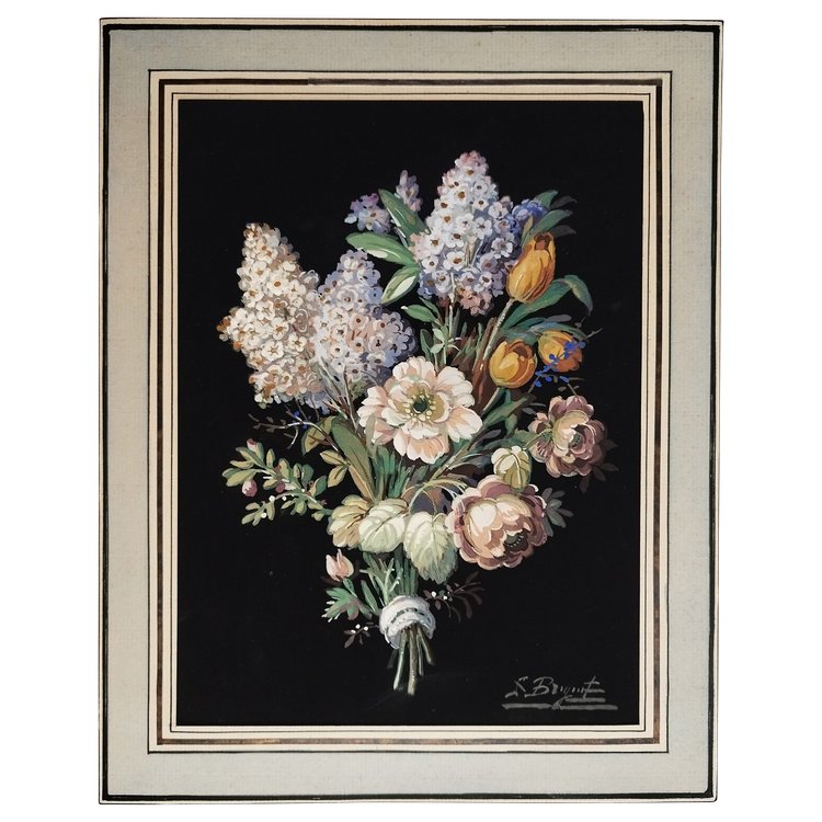 Nature Morte Fleurs Fond Noir Gouache Signé
