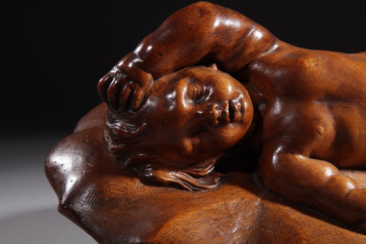Very interesting Sleeping child in carved fruitwood attributed to Laurent Delvaux Ghent 1696- Nivel