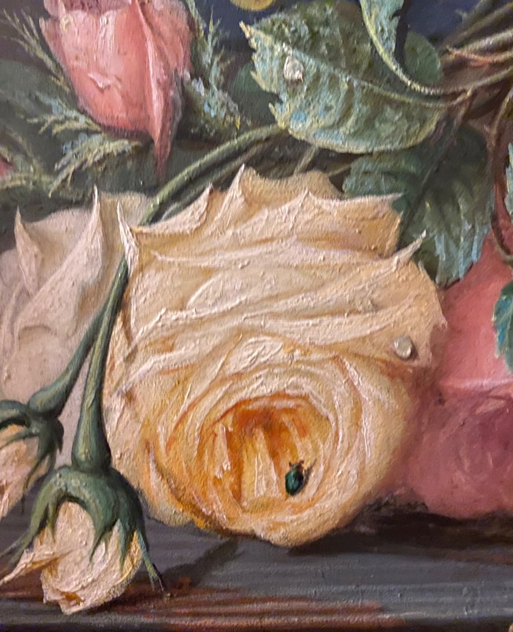 Louis Piraud. Stillleben mit Trauben und Rosen. Öl auf gerahmtem Karton. 19. Jahrhundert
