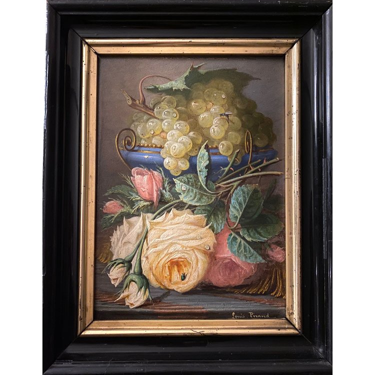 Louis Piraud. Stillleben mit Trauben und Rosen. Öl auf gerahmtem Karton. 19. Jahrhundert