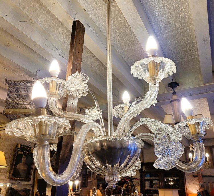 Classic Murano Chandelier in Clear Glass with 6 Venetian Lights