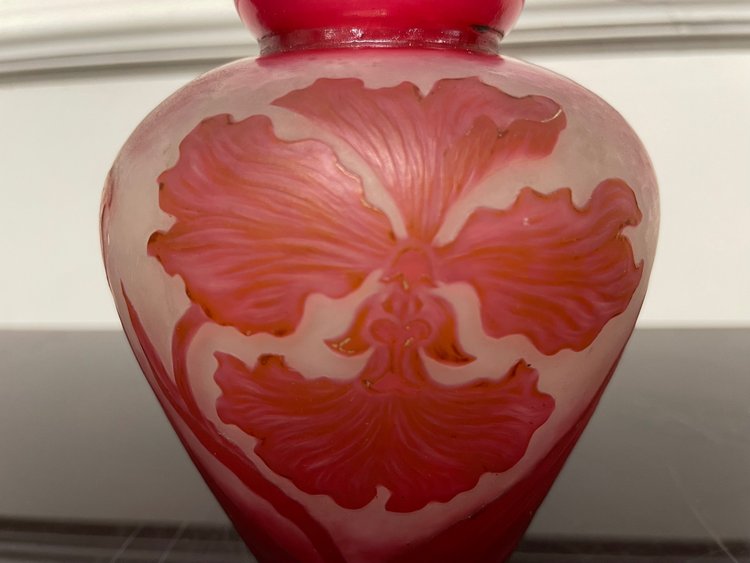 Delatte à Nancy - Petit Vase Art Nouveau En Verre Décor Orchidée 