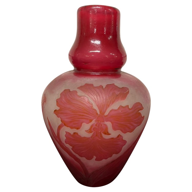 Delatte à Nancy - Petit Vase Art Nouveau En Verre Décor Orchidée 