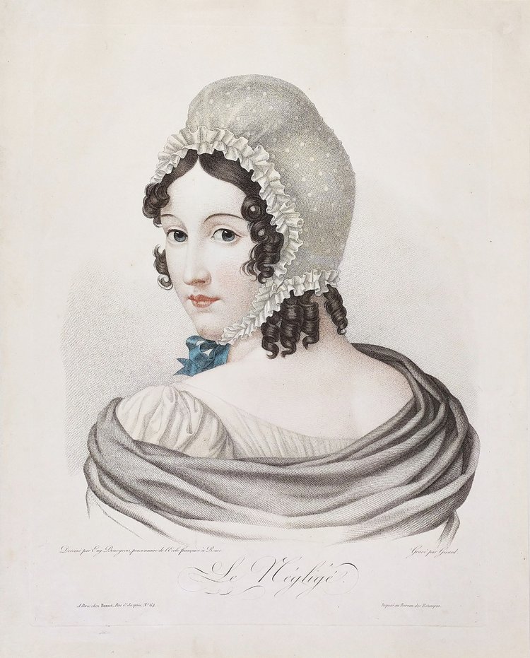 Portrait De Femme Le Négligé Gravure Ancienne Aquarellée 19th C