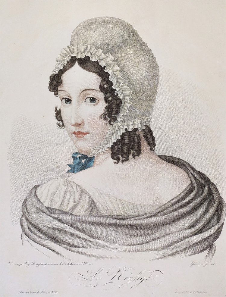 Portrait De Femme Le Négligé Gravure Ancienne Aquarellée 19th C