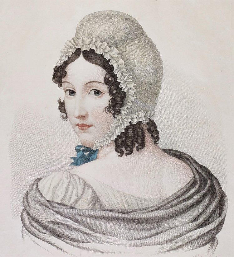 Portrait De Femme Le Négligé Gravure Ancienne Aquarellée 19th C