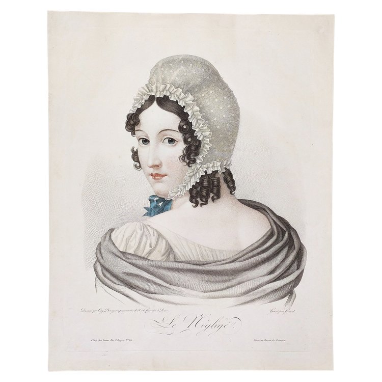 Portrait De Femme Le Négligé Gravure Ancienne Aquarellée 19th C