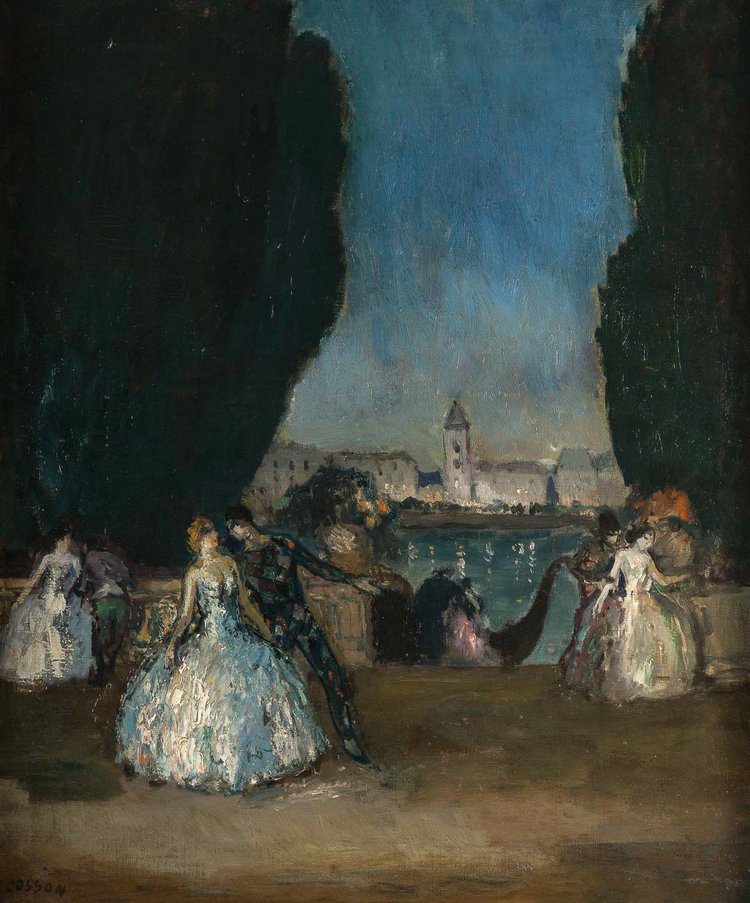 Marcel Cosson (1878-1956) Harlekin und Columbine in Venedig, Öl auf Leinwand um 1900
