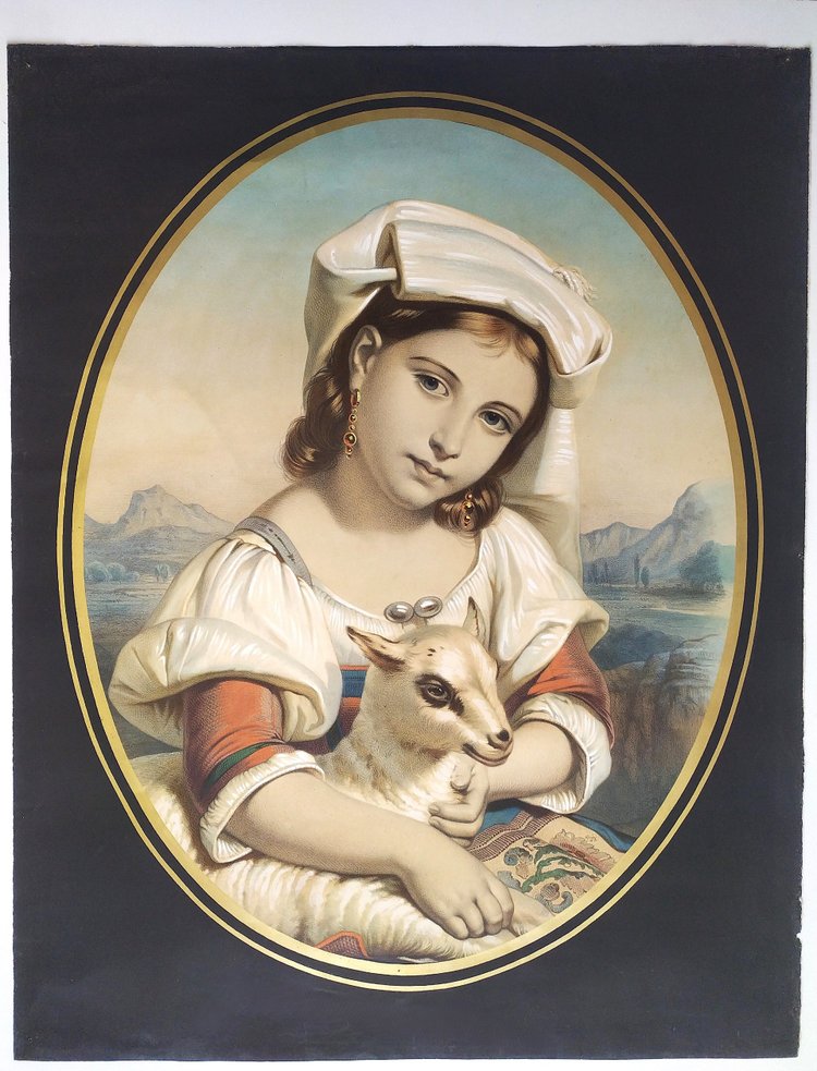 Italienne Avec Un Agneau, Lithographie Aquarellée XIXème
