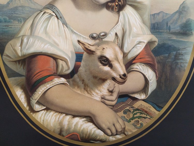 Italienne Avec Un Agneau, Lithographie Aquarellée XIXème
