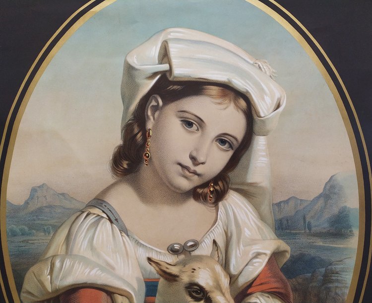 Italienne Avec Un Agneau, Lithographie Aquarellée XIXème