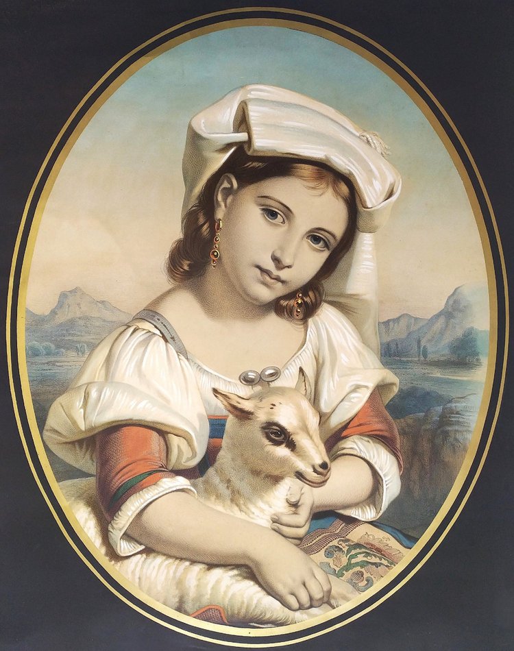 Italienne Avec Un Agneau, Lithographie Aquarellée XIXème