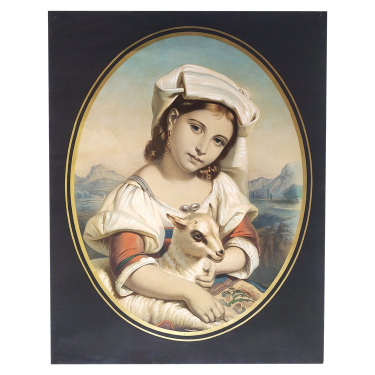 Italienne Avec Un Agneau, Lithographie Aquarellée XIXème