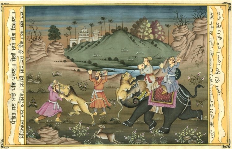 INDIA - Gouache and gold - Lion hunting - Original drawing