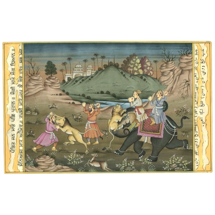 INDIA - Gouache and gold - Lion hunting - Original drawing