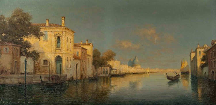 Alphonse Lecoz A canal in Venice with Santa Maria della Salute in the background oil on canvas circa