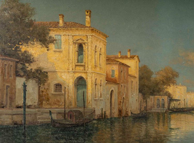 Alphonse Lecoz A canal in Venice with Santa Maria della Salute in the background oil on canvas circa