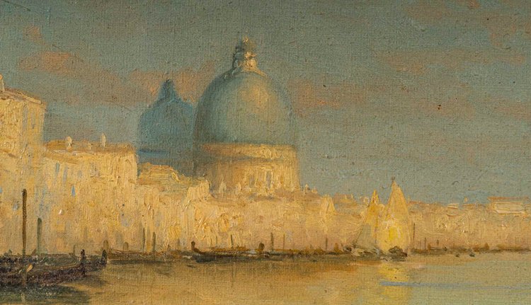 Alphonse Lecoz A canal in Venice with Santa Maria della Salute in the background oil on canvas circa