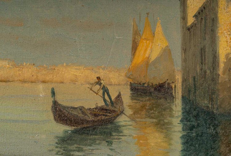 Alphonse Lecoz A canal in Venice with Santa Maria della Salute in the background oil on canvas circa