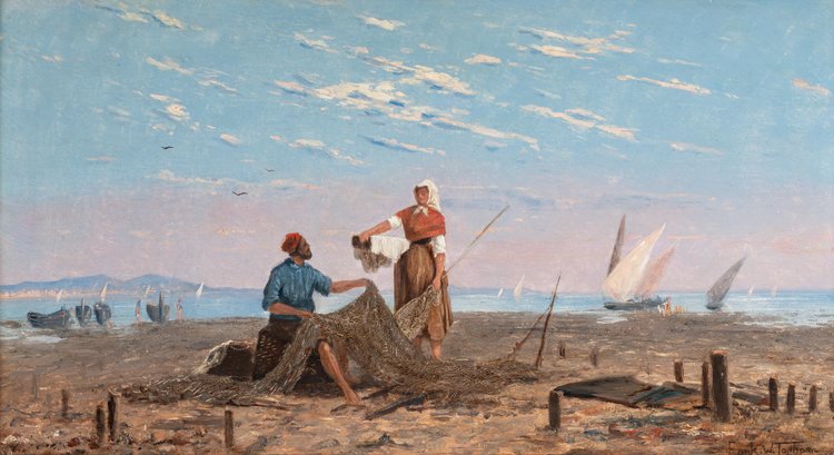 Frank William Warwick Topham (1838-1924) Capri La réparation des filets huile sur panneau vers 1863