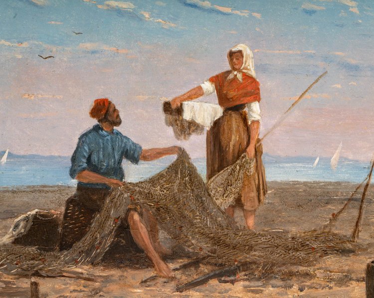 Frank William Warwick Topham (1838-1924) Capri La réparation des filets huile sur panneau vers 1863