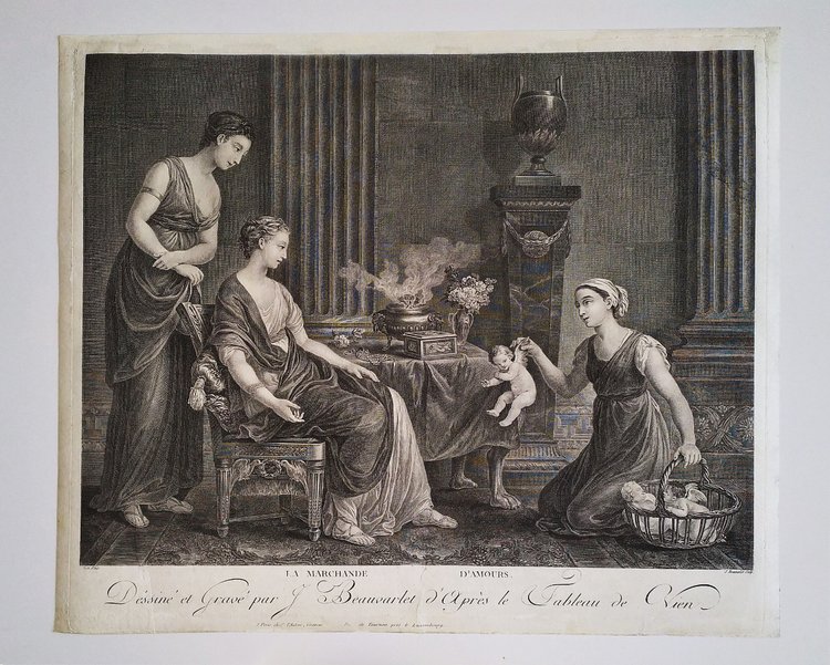 Engraving By Beauvarlet The Merchant Of Loves Etching 18th C Old Print