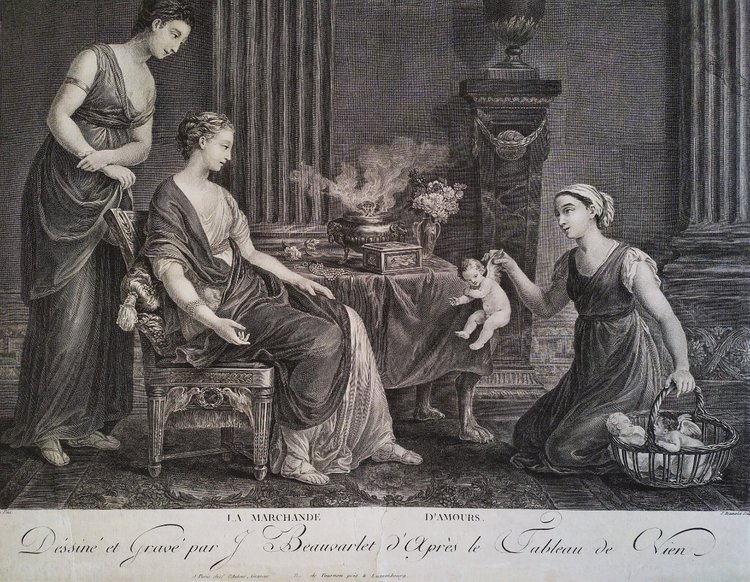 Engraving By Beauvarlet The Merchant Of Loves Etching 18th C Old Print