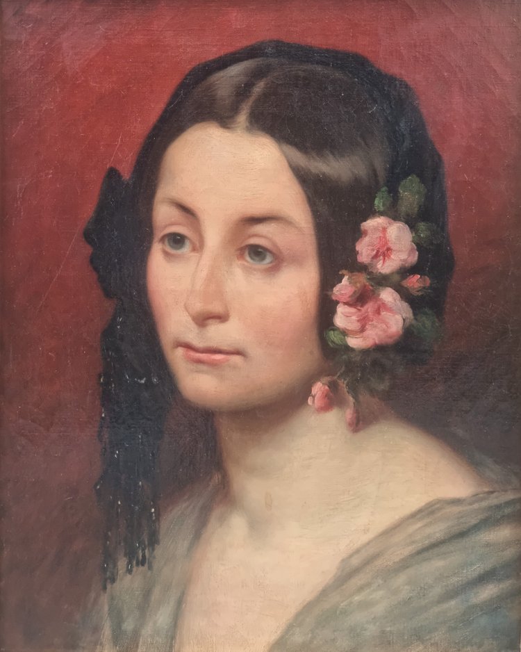 Mid-19th Century French School - Portrait of a Woman with Flowers in Her Hair
