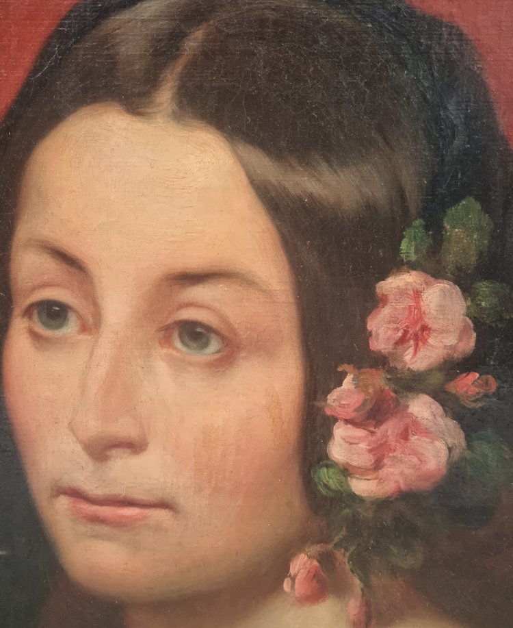 Mid-19th Century French School - Portrait of a Woman with Flowers in Her Hair