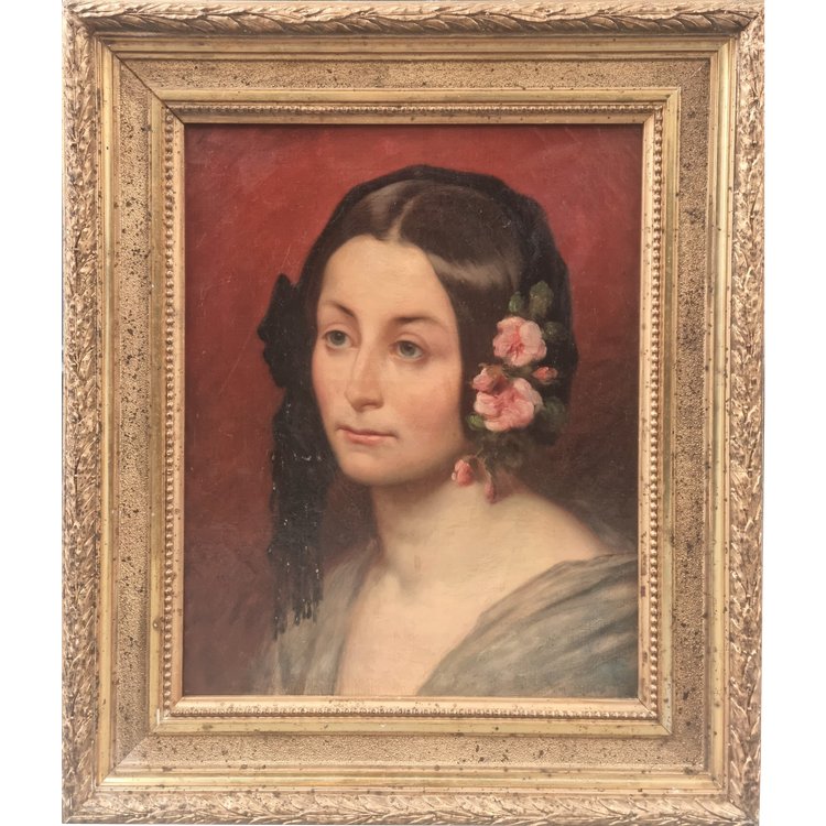 Mid-19th Century French School - Portrait of a Woman with Flowers in Her Hair