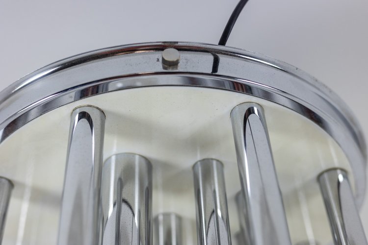 Lampadario in vetro di Murano e metallo cromato. Anni '70