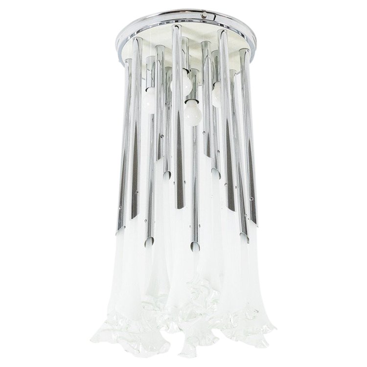 Lampadario in vetro di Murano e metallo cromato. Anni '70
