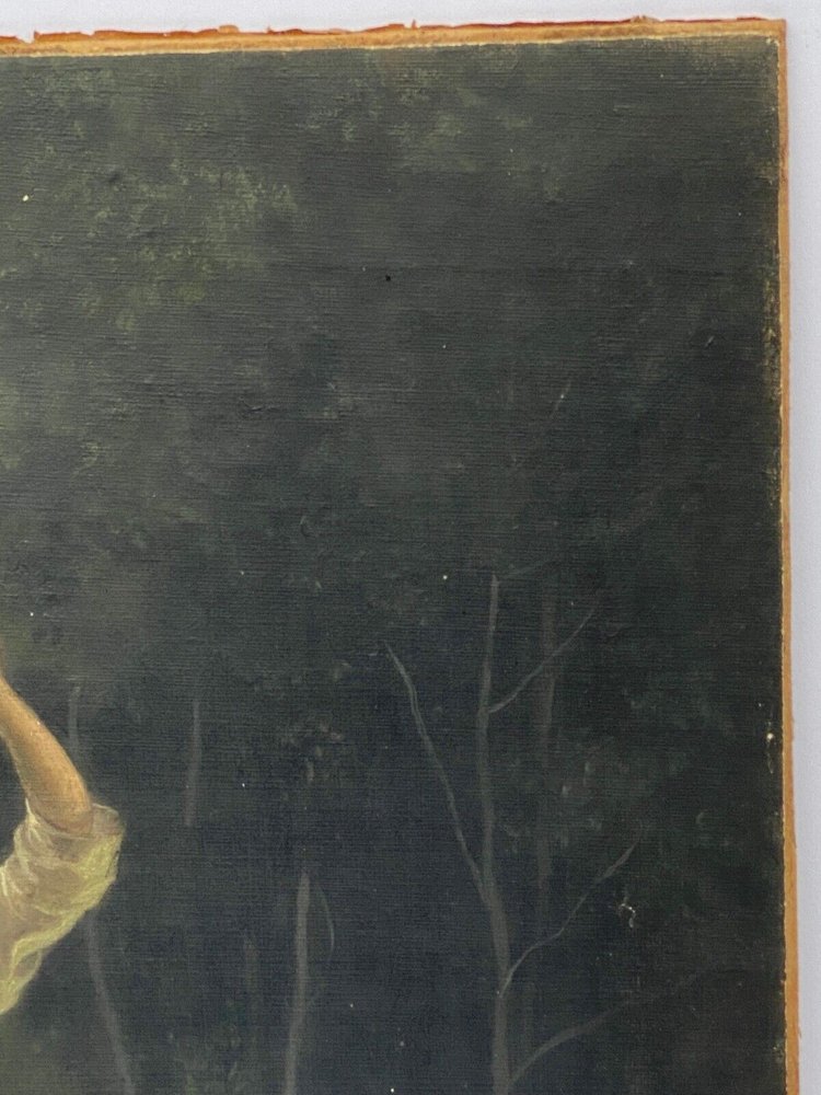 Olio su cartone Fanciulla con brocca fine XIX secolo Barbizon del sottobosco