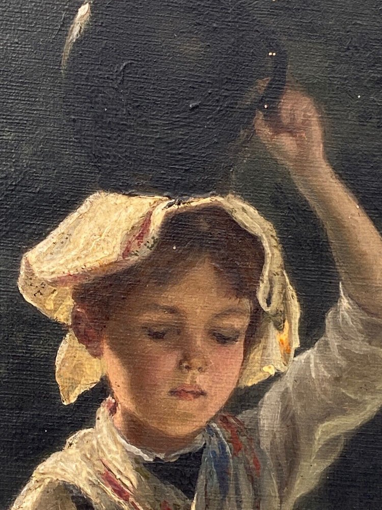 Olio su cartone Fanciulla con brocca fine XIX secolo Barbizon del sottobosco