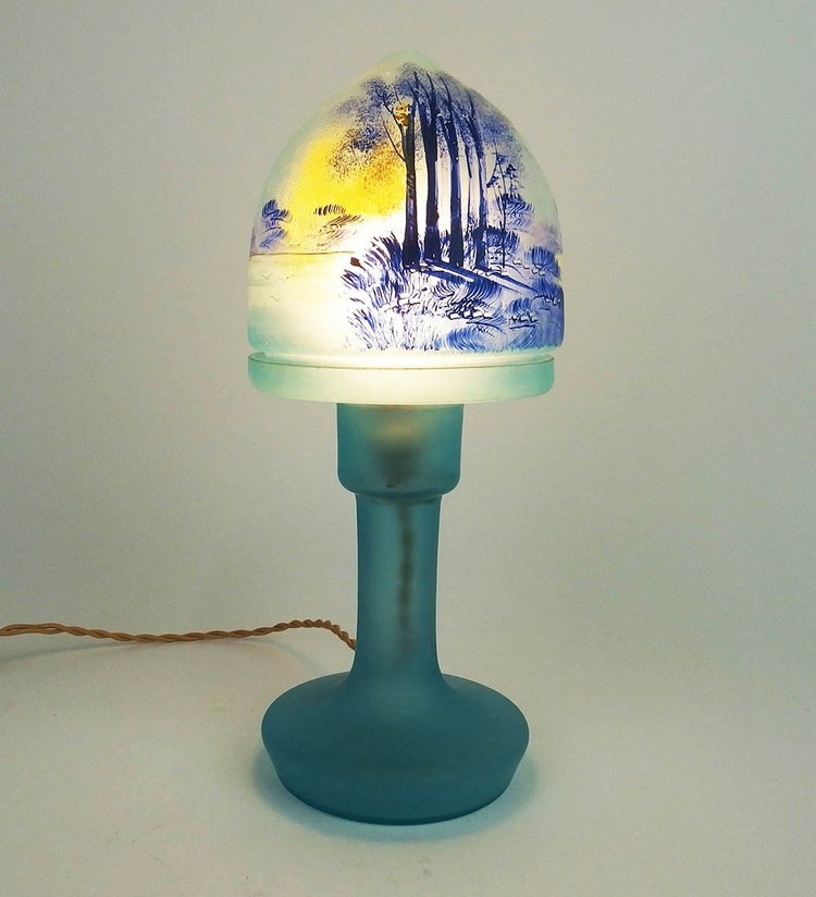 Mushroom lamp with painted landscape decoration