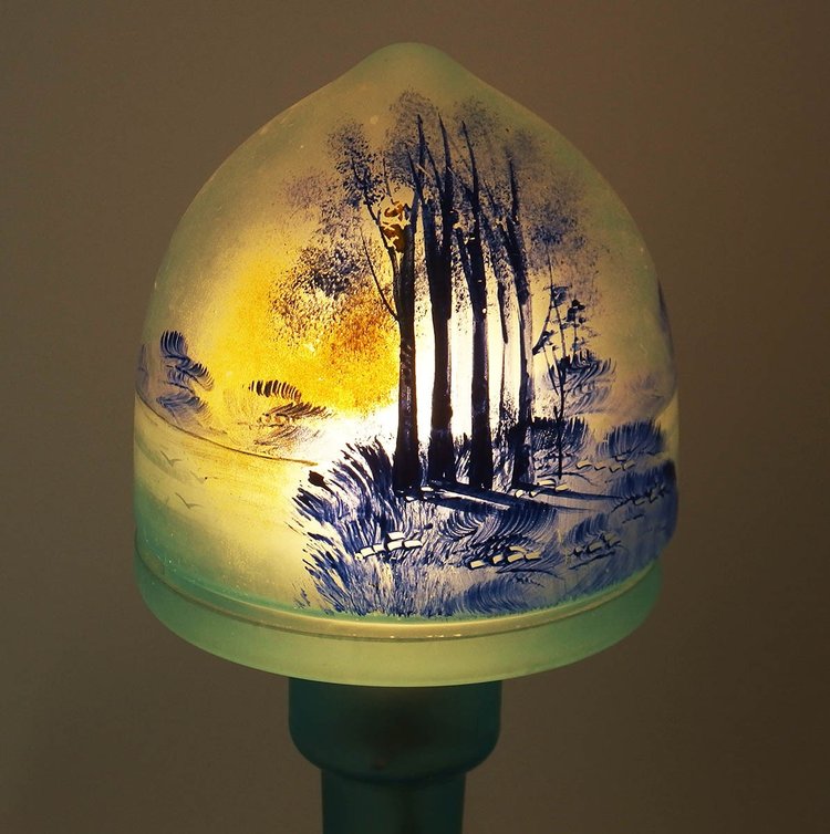 Mushroom lamp with painted landscape decoration