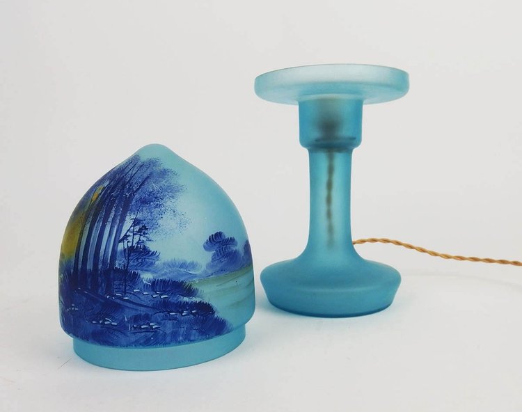 Mushroom lamp with painted landscape decoration