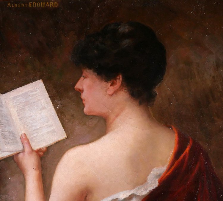 Albert-Jules EDOUARD 1845-1919 Frau von hinten, die ein Buch liest, Gemälde, Jugendstil, Porträt