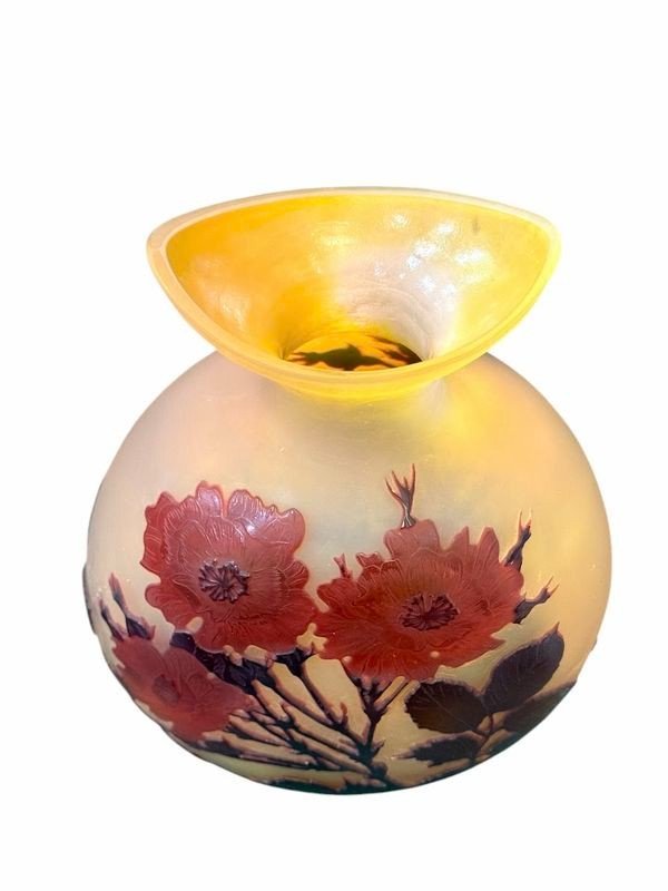 Emile Gallé Art Nouveau Gourd Vase "Hollyhocks"