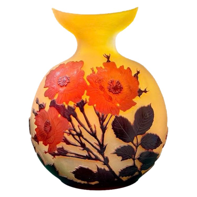 Emile Gallé Art Nouveau Gourd Vase "Hollyhocks"