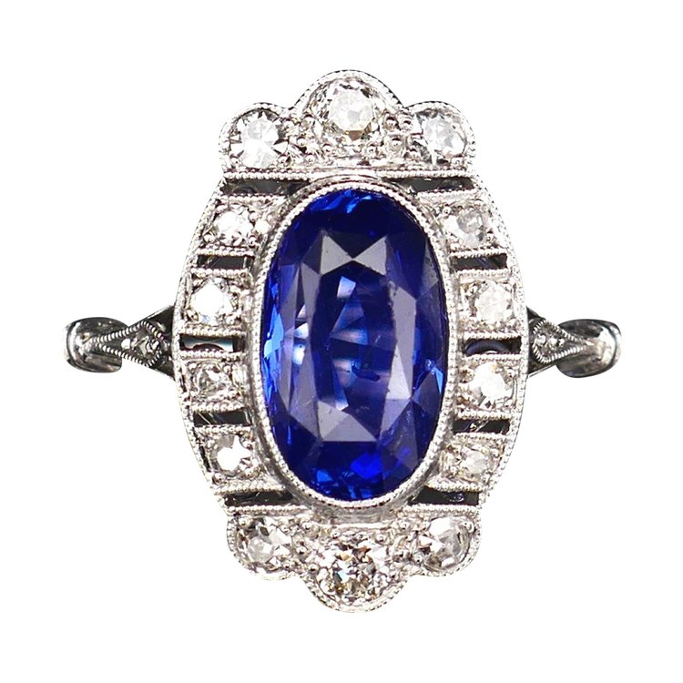 Anello Art Déco con zaffiro naturale non riscaldato e diamanti, certificato.