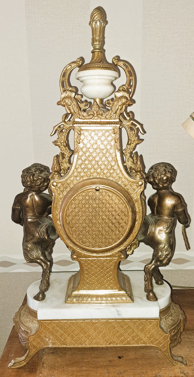 Pendel aus weißem Marmor und gemeißelter Bronze mit brauner und goldener Patina in Form einer Lyra 